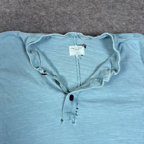 Rag Bone Shirt Mens Small Blue Henley Light Aqua Long Sleeve Destroyed Homeless - Picture 6 of 15